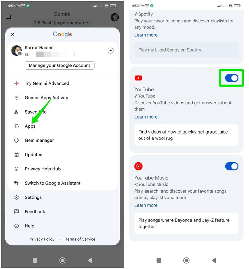 Activation de l'application YouTube dans l'application mobile Gemini