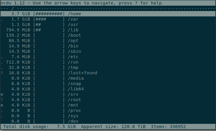 Interface interactive principale de ncdu.