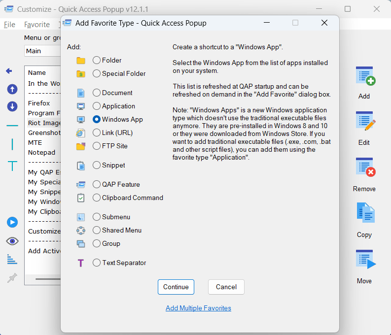 Popup d'accès rapide ajoutant un nouveau favori