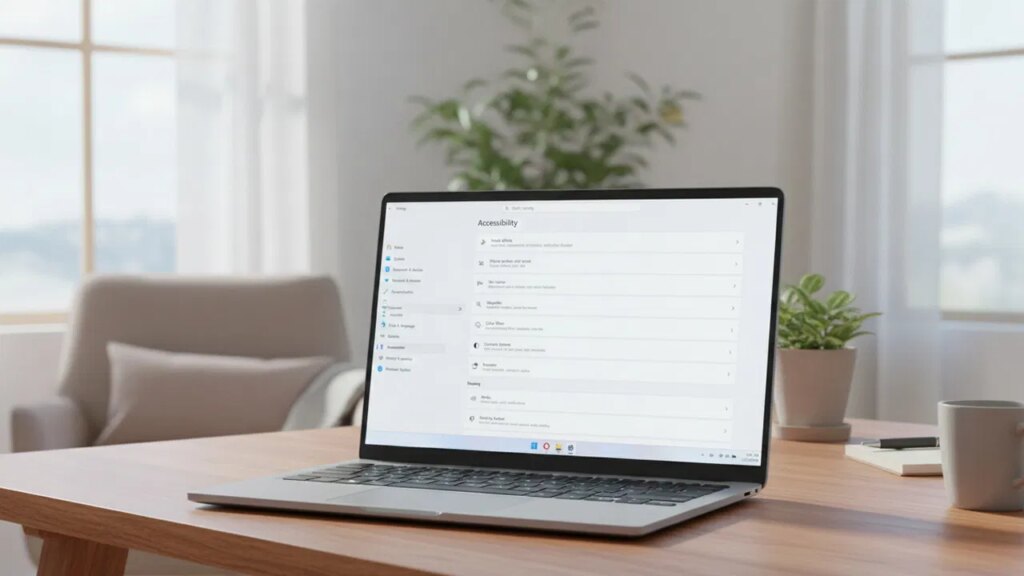 A laptop on desk show Windows 11 Accessibility settings