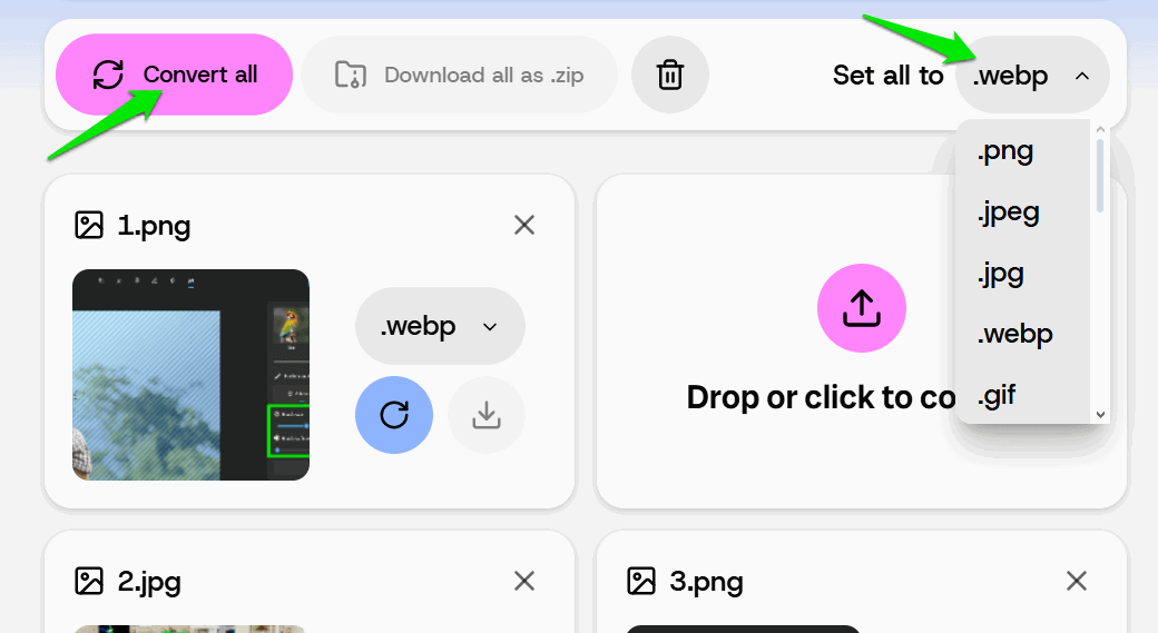 Sélection du format dans l'interface vert