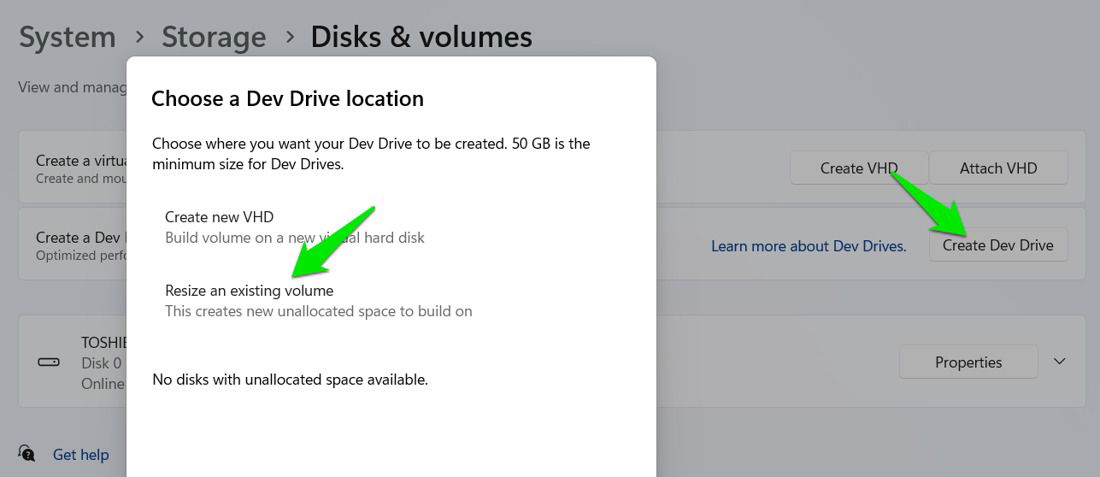 création de Dev Drive et redimensionnement du volume