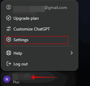 Opter pour l'option Paramètres dans Chatgpt sur PC.