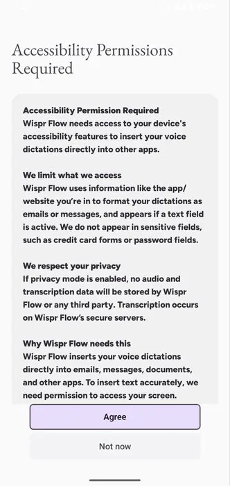Autorisation d'accessibilité Wispr