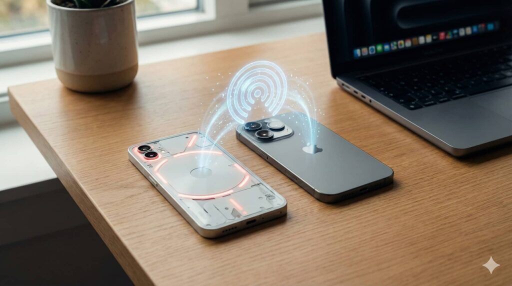 un nothing phone à côté d'un iphone qui s'échangent des données par airdrop
