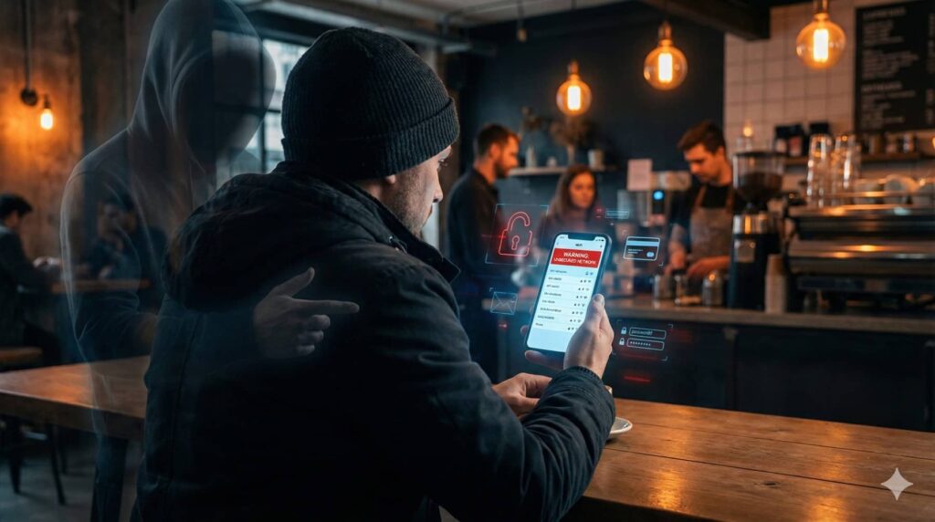 un homme assis de dos dans un café, le smartphone à la main, connecté au wifi public. La silhouette d'un pirate informatique l'espionne de derrière