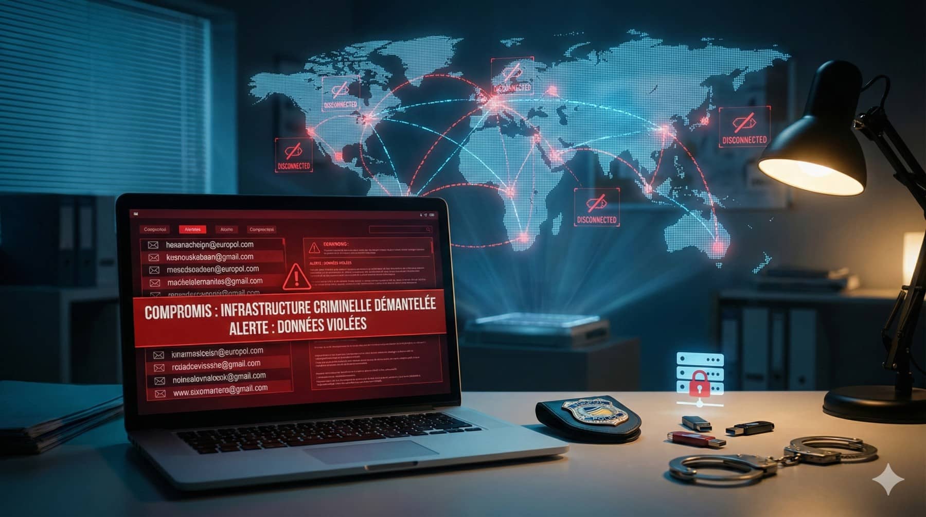 un ordinateur avec une alerte rouge sur l'écran indiquant le démentellement du réseau endgame