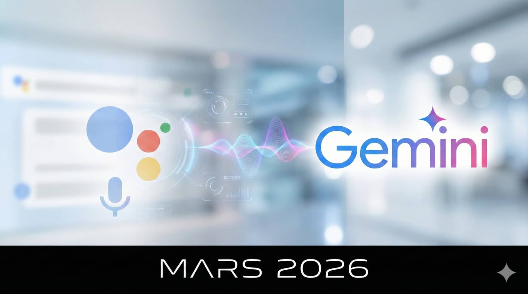 le logo de google assistant qui se fait aspirer par le logo de gemini avec la date de sortie