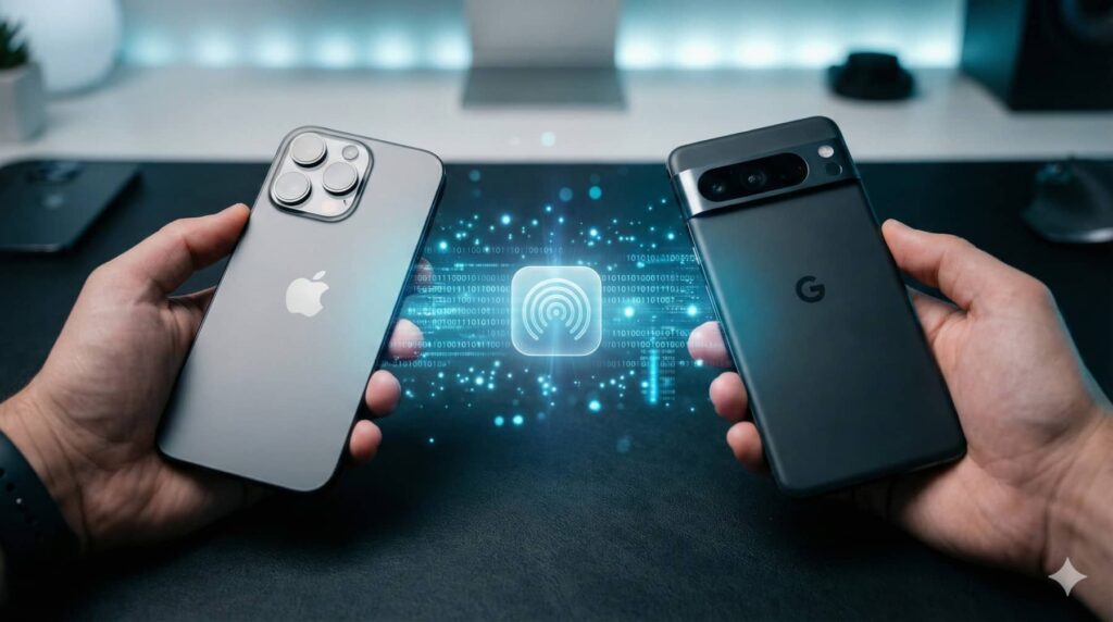 un iphone 13 & un pixel 9 pro reliés par aidrop