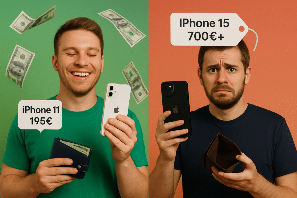d'un côté un utilisateur heureux de son iphone 11 et de l'autre un utilisateur aigri d'avoir acheté son iphone 15 beaucoup plus cher