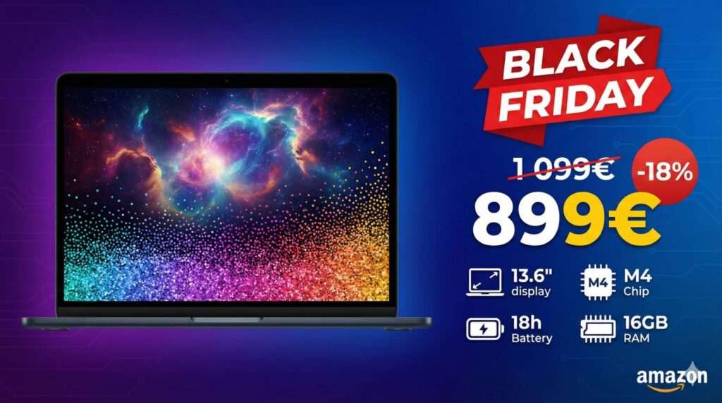 un macbook air m4 affiché en promo à 899€ au lieu de 1099€ pour le blackfriday 2025