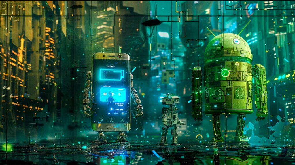 un smartphone samsung à coté d'un roboto android