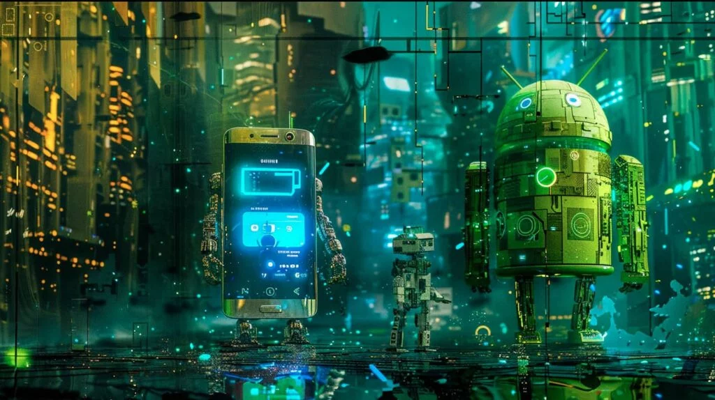 un smartphone samsung à coté d'un roboto android
