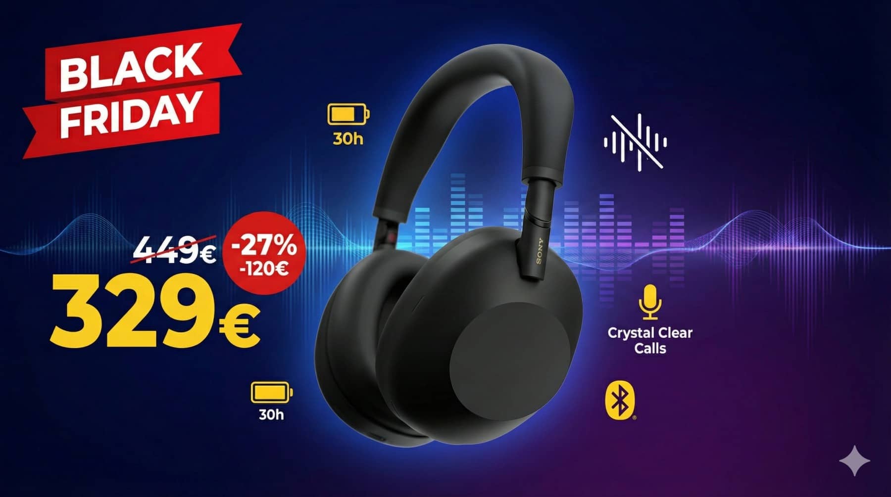 le casque sony wh1000x6 mis en avant sur une ligne de son avec ses prix pour le black friday