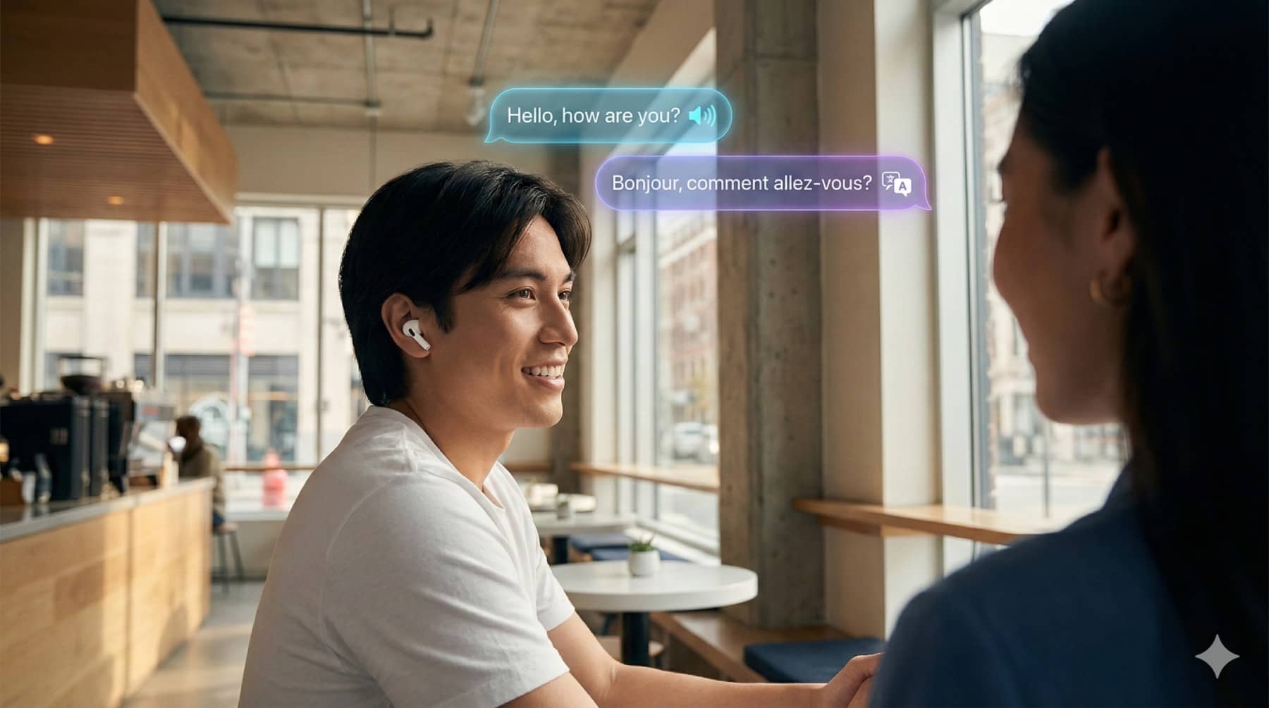 2 personnes de langues étrangères qui discutent grâce à leurs airpods pro qui s'occupent de la traduction des dialogues